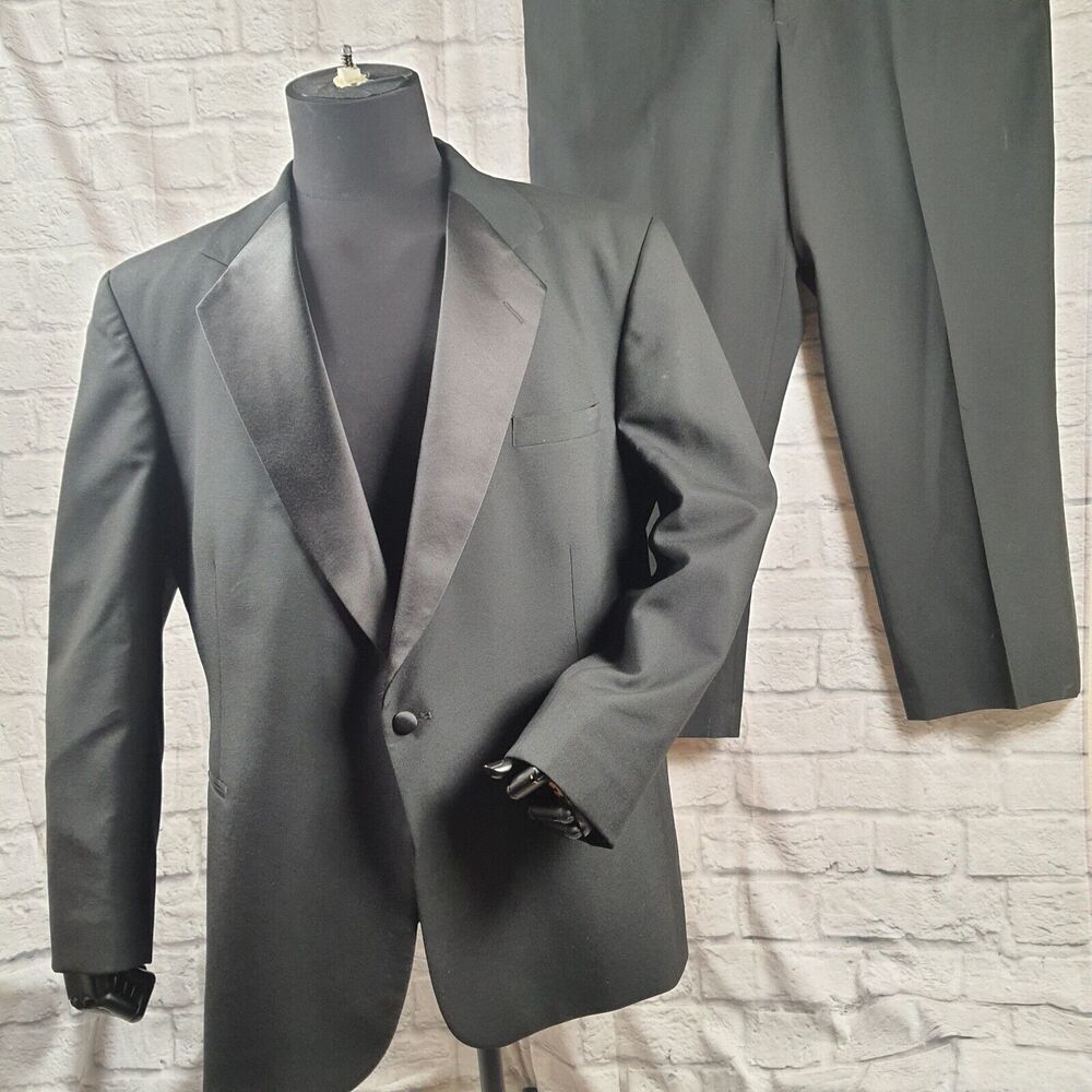 Men's Raffinati Black Double Breasted Suit Pants & Jacket Satin Shawl Lapels 46R